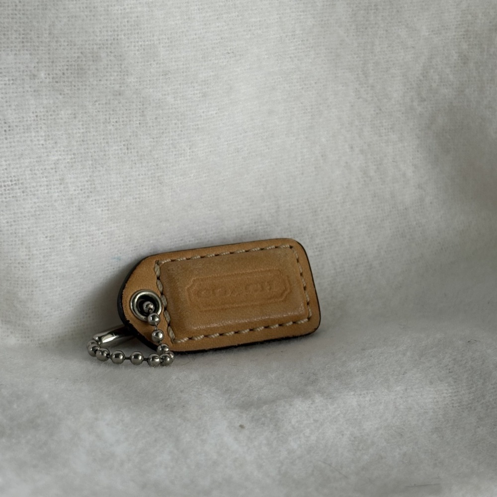 COACH 1.75" Hang Tag Fob Bag Charm Saddle Tan Leather, Silver Ball Chain